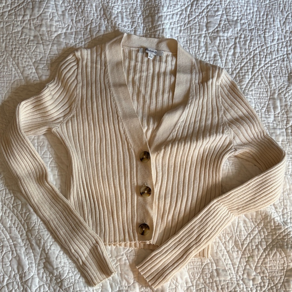 Madewell Cream Ribbed V-Neck Button Cardigan
